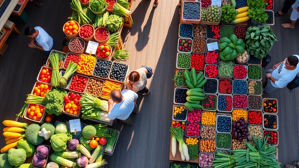 Overhead view of colorful produce displays at farmers market with customers browsing fresh vegetables, berries, and herbs on wooden tables, natural sunlight, vibrant market atmosphere