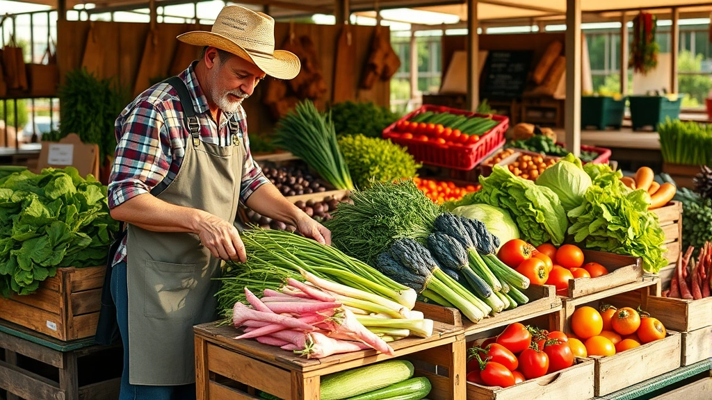 Small-scale farmer arranging fresh-picked vegetables in wooden crates at farmers market stand, wearing apron, displaying variety of produce, authentic agricultural setting, morning light