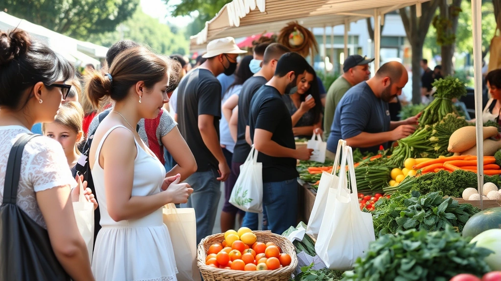 Diverse group of customers shopping at outdoor farmers market, examining produce, conversing with vendors, carrying reusable bags, community gathering scene, natural lighting