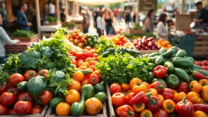 Overhead shot of vibrant farmers market produce display featuring heirloom tomatoes, fresh leafy greens, and colorful peppers arranged in wooden crates, morning sunlight creating shadows, busy shoppers browsing in soft focus background, natural market atmosphere, professional food photography