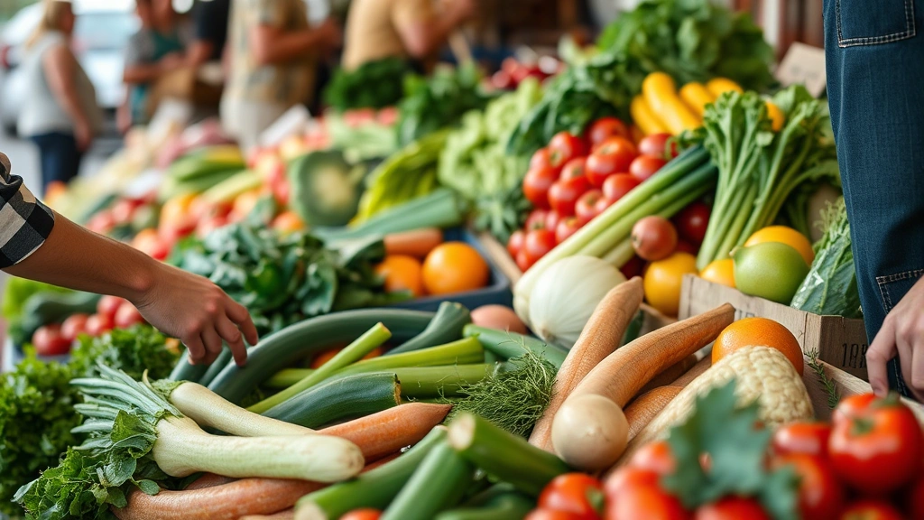 Close-up of farmer's hands selecting and arranging fresh produce at market stand, displaying multiple varieties of vegetables and fruits, genuine interaction between vendor and customer, natural lighting highlighting produce colors and textures, authentic market setting