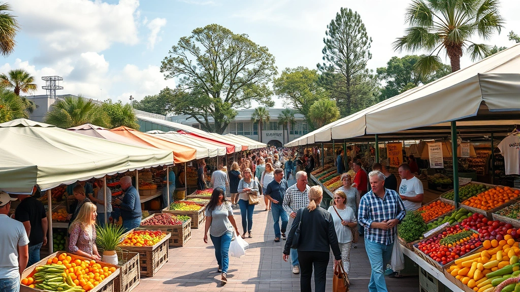 Wide angle view of Jacksonville farmers market during peak morning hours showing multiple vendor stalls with umbrellas, diverse crowds of shoppers with bags and baskets, abundance of seasonal produce displays, community atmosphere with natural outdoor market setting, professional retail environment