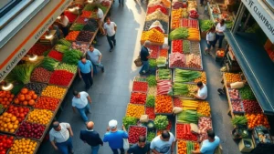 Overhead view of colorful fresh produce displays at outdoor market with vendors arranging fruits and vegetables, morning light, busy marketplace atmosphere, diverse shoppers selecting items