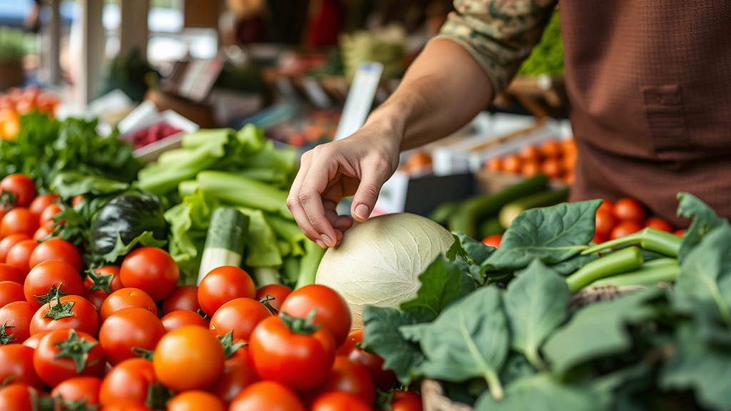 Close-up detail of vendor hands selecting fresh produce items, checking quality of tomatoes and leafy greens, farmer's market stall with organized product displays, natural daylight