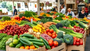 Vibrant farmer's market produce display with colorful fresh fruits and vegetables arranged professionally on wooden crates and tables, natural daylight, customers shopping in background