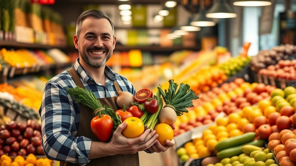 Local fruit market owner or staff member holding fresh produce in hands, smiling, surrounded by quality fruits and vegetables, warm lighting in retail environment