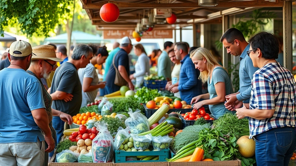 Community farmers market scene with diverse customers selecting fresh produce, emphasizing local commerce and neighborhood shopping experience, authentic marketplace atmosphere