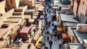 Aerial view of Jerusalem Old City marketplace with colorful merchant stalls, bustling crowds of shoppers navigating narrow stone pathways between vendor booths displaying textiles, spices, and handicrafts, warm sunlight illuminating the ancient architecture and market activity