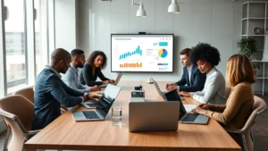 Professional diverse team collaborating around modern conference table with laptops and data visualizations, contemporary office setting with natural lighting, focused on teamwork and technology integration