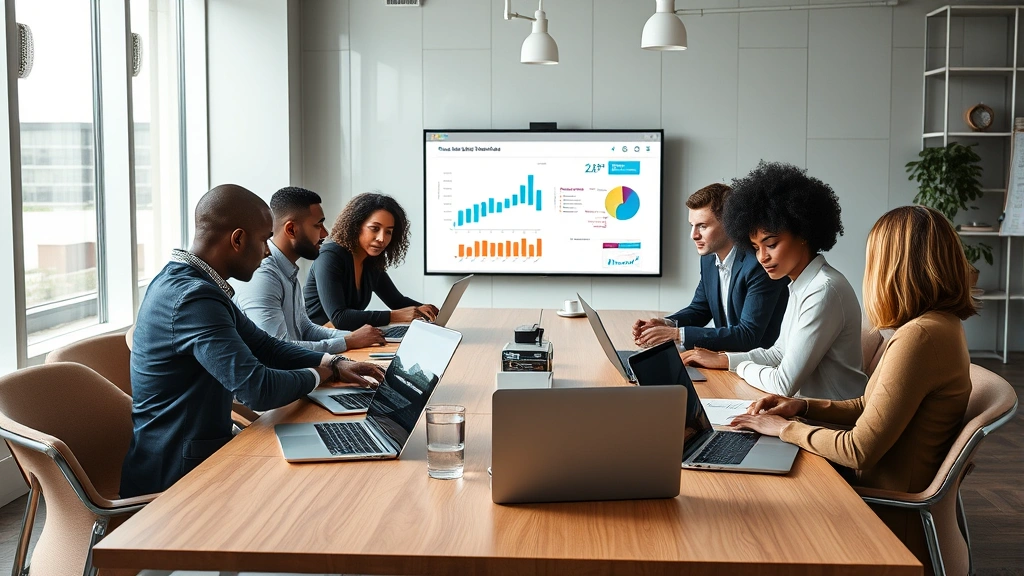 Professional diverse team collaborating around modern conference table with laptops and data visualizations, contemporary office setting with natural lighting, focused on teamwork and technology integration