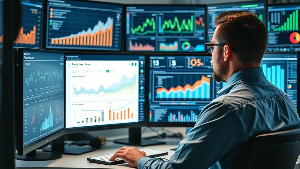 Data analyst reviewing complex analytics dashboard on multiple monitors, surrounded by business intelligence visualizations and performance metrics, concentrated professional environment emphasizing skill and expertise