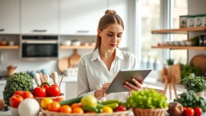 Professional woman reviewing grocery list with tablet in modern kitchen, surrounded by fresh produce and pantry items, natural lighting, focused expression, contemporary home setting