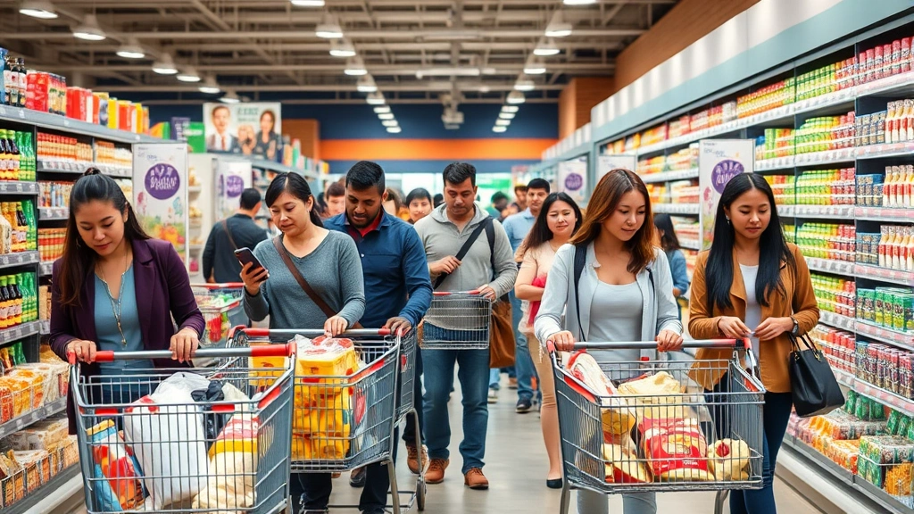 Diverse group of shoppers with shopping carts browsing grocery store aisles filled with products, bright store lighting, realistic retail environment, multiple ethnicities represented, casual shopping atmosphere