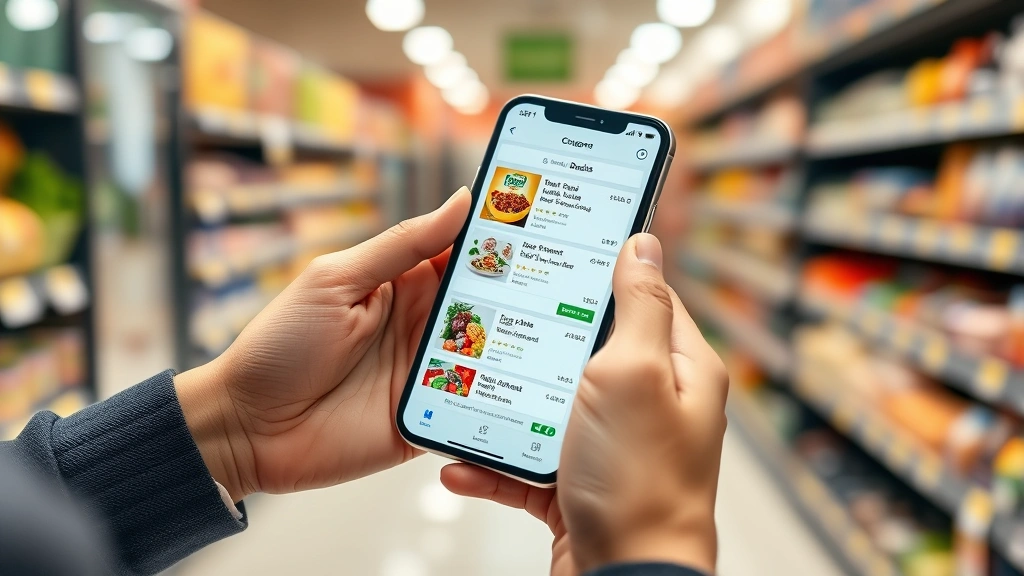 Close-up of hands holding smartphone displaying mobile grocery app with promotional deals and coupons, clean modern interface visible, grocery store background blurred, professional photography style
