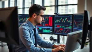 Professional financial analyst reviewing market data on multiple monitors in modern office setting, charts and graphs visible on screens, serious business environment, natural lighting from windows