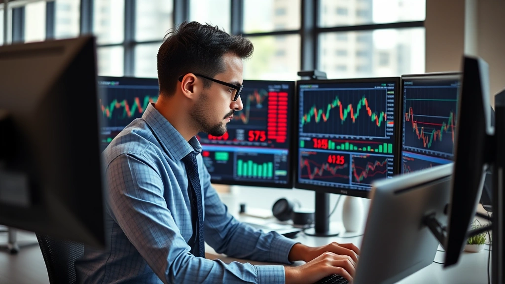 Professional financial analyst reviewing market data on multiple monitors in modern office setting, charts and graphs visible on screens, serious business environment, natural lighting from windows