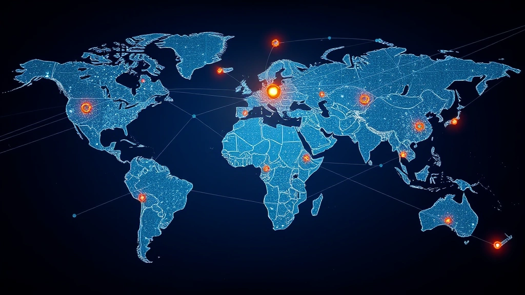 Global supply chain visualization showing shipping containers, logistics routes, and interconnected nodes across world map, representing international commerce and market connectivity