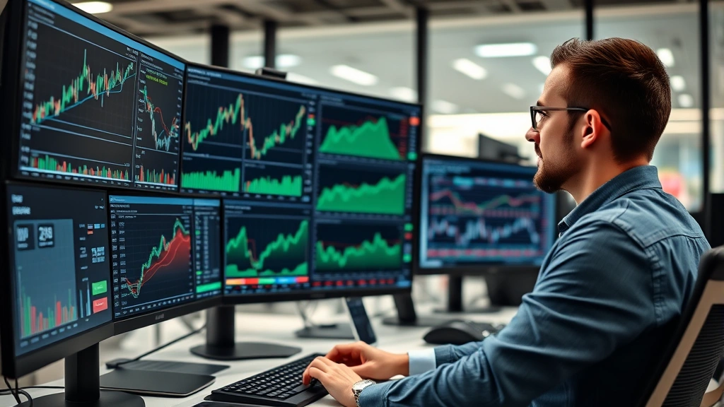 Professional financial analyst reviewing market data on multiple computer monitors in modern office environment, showing graphs and charts with upward trends, focused concentration on analytical work
