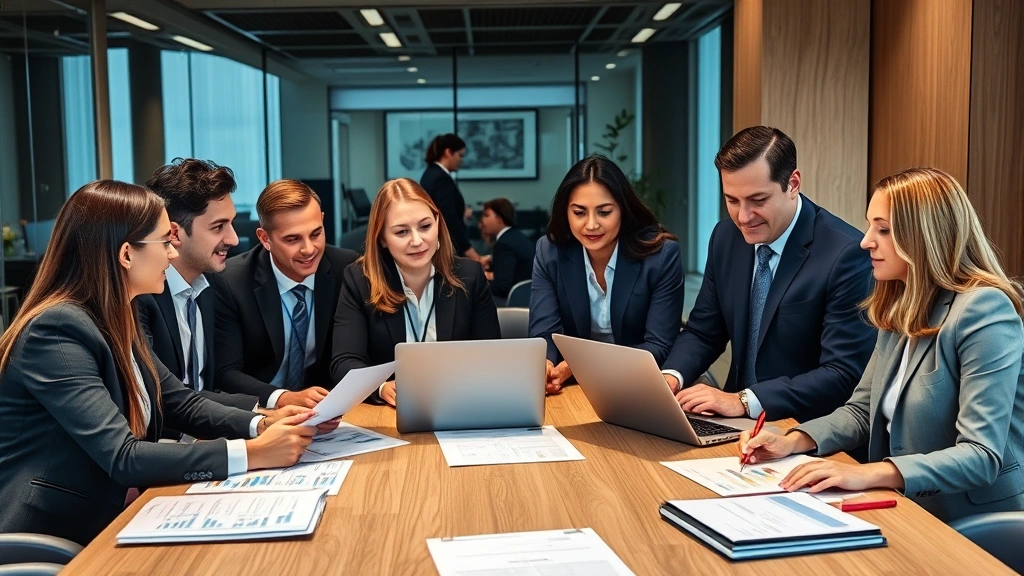 Diverse team of investment professionals in business attire collaborating around conference table with financial reports and laptops, discussing market strategy with confident body language