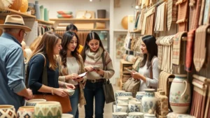 Diverse group of shoppers browsing home décor items in a specialty retail store, examining hand-painted ceramics and woven textiles with genuine interest and engagement