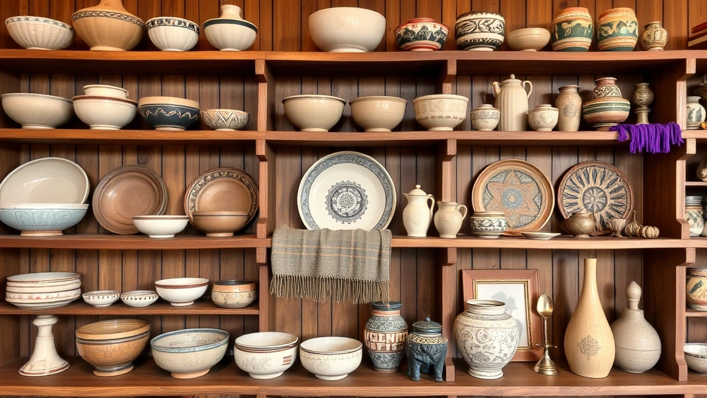 Artisan-crafted products displayed on wooden shelves including ceramic bowls, textiles, and decorative items, showcasing international authenticity and cultural craftsmanship