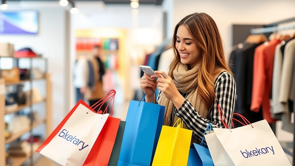 Customer holding multiple shopping bags in a retail environment, smiling while examining a specialty product, representing positive brand experience and customer satisfaction