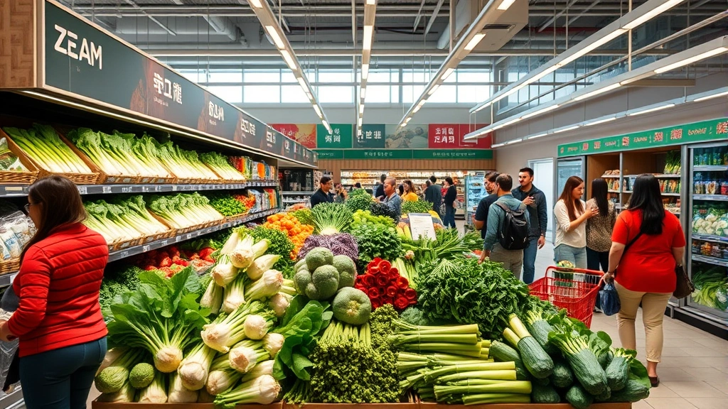 Asian grocery store interior with organized produce section featuring fresh bok choy, gai lan, and specialty vegetables arranged on professional display shelves, bright natural lighting, diverse customers shopping