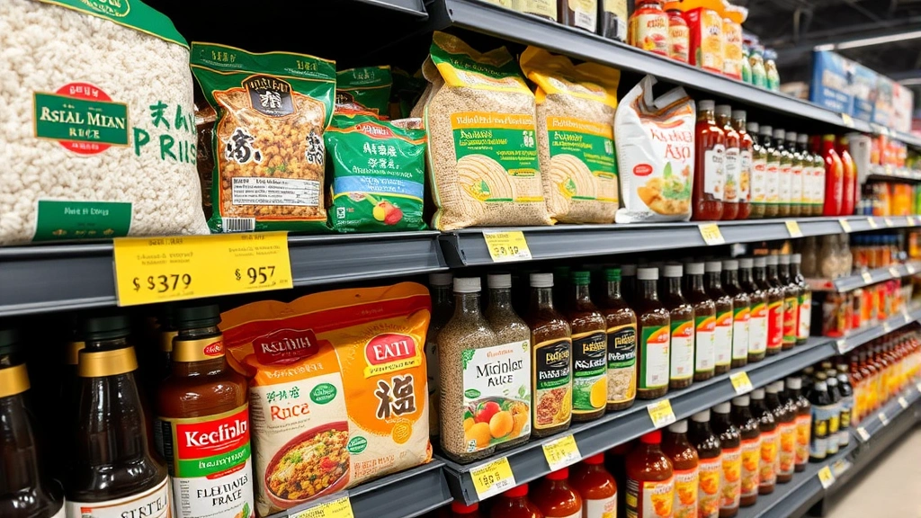 Close-up of specialty Asian pantry products including rice varieties, noodle packages, and sauce bottles neatly organized on store shelves with clear product visibility and pricing, professional retail environment