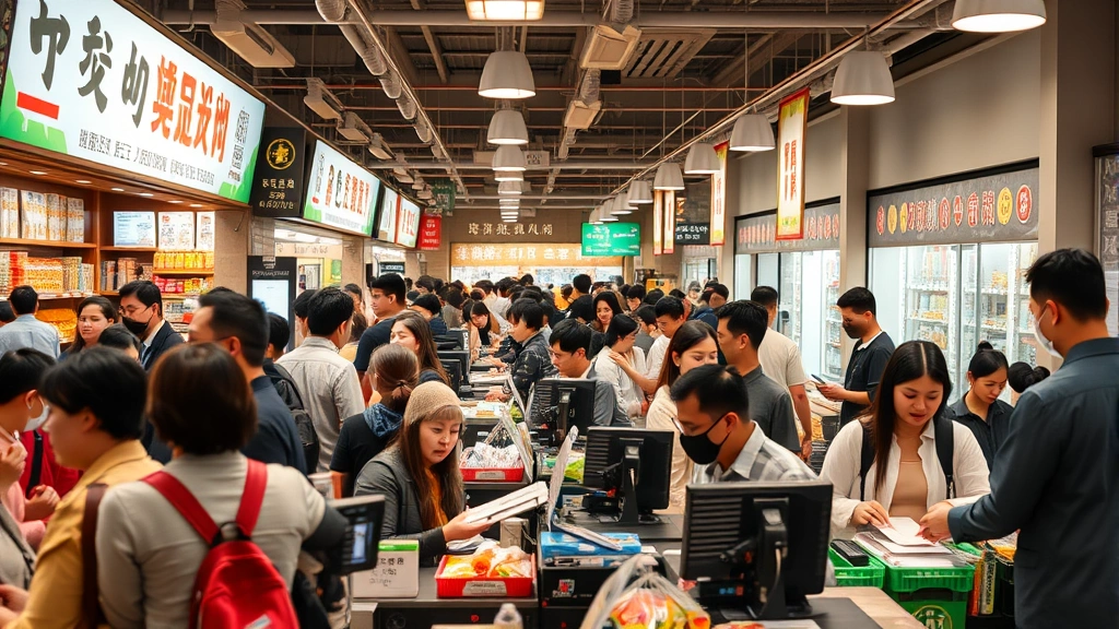 Busy checkout area of modern Asian market with multiple registers, customers completing transactions, staff assisting shoppers, diverse crowd, warm welcoming atmosphere, professional retail setting