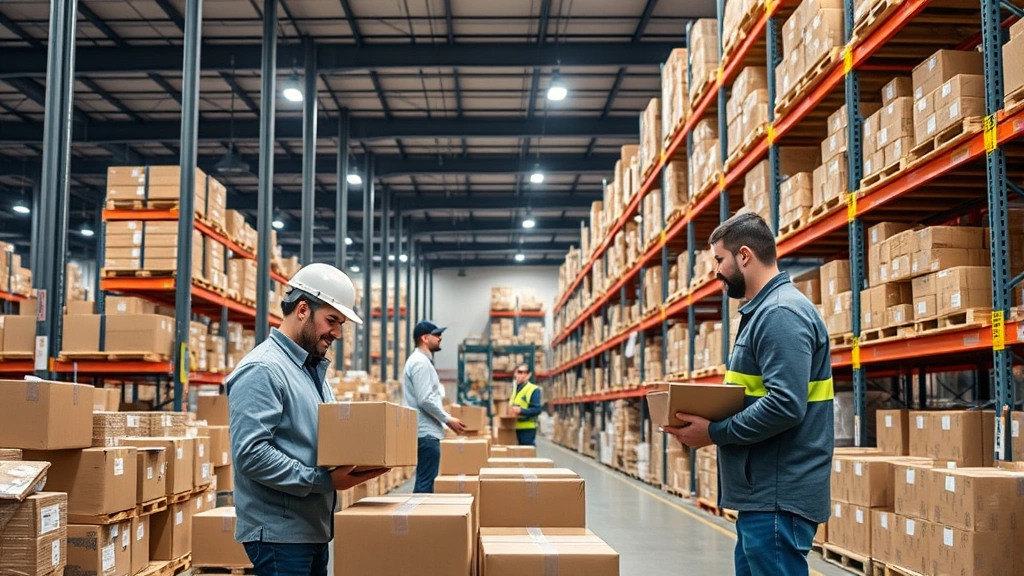 E-commerce fulfillment center with logistics workers managing inventory and packages, modern warehouse with organized storage systems and technology integration