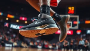 Professional basketball athlete wearing signature KD sneakers during game, dynamic action shot showing product performance in real-world context, arena lighting, athletic movement