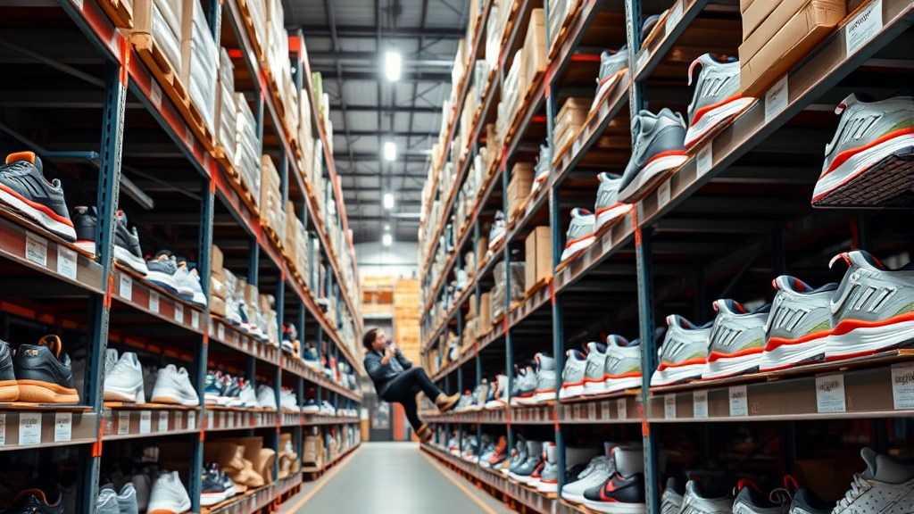 Modern ecommerce warehouse with organized athletic footwear inventory on shelves, staff member checking stock levels using digital tablet, professional logistics environment