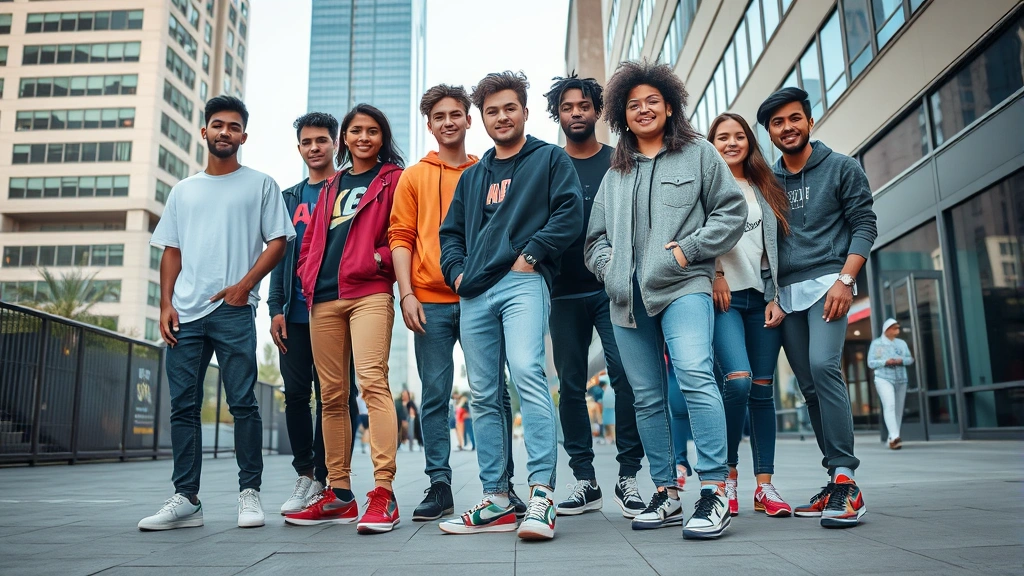 Diverse group of young adults in urban setting wearing KD sneakers casually as lifestyle fashion, street photography style, natural daylight, fashion-forward styling