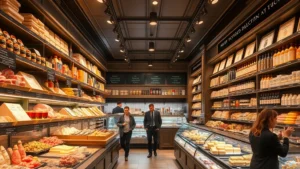 Upscale European delicatessen interior with organized shelves displaying imported meats, cheeses, and specialty products, warm lighting, customers browsing selections, professional atmosphere