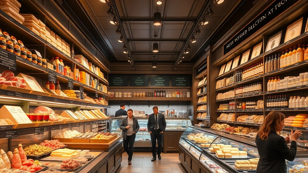 Upscale European delicatessen interior with organized shelves displaying imported meats, cheeses, and specialty products, warm lighting, customers browsing selections, professional atmosphere