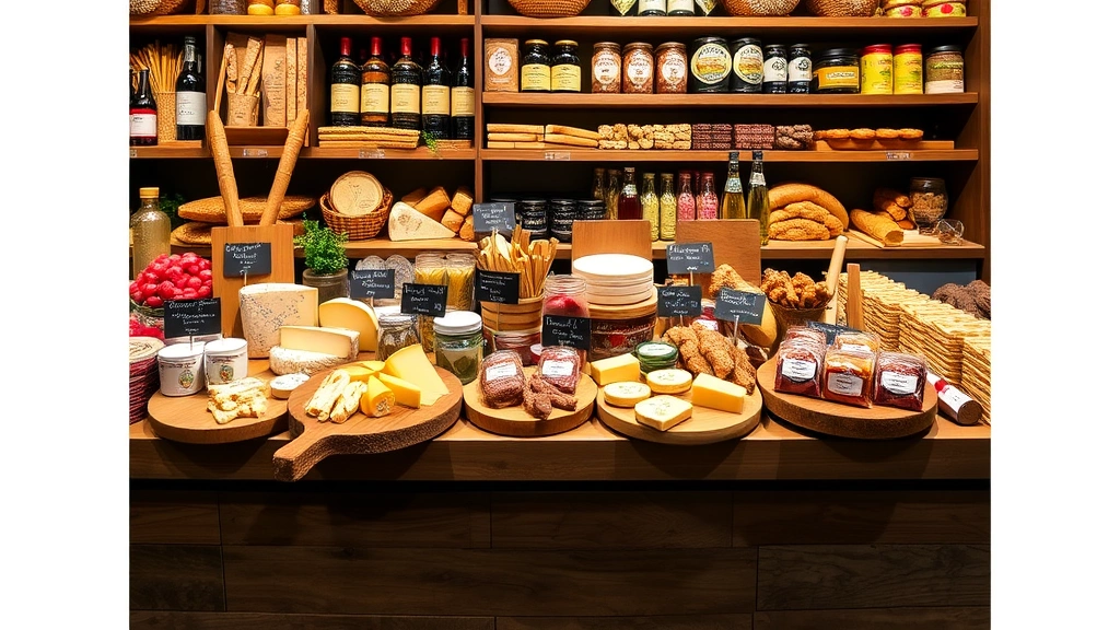 Artfully displayed European specialty food products including imported cheeses, cured meats, breads, and delicacies on wooden boards and shelving, professional product photography, appetizing arrangement