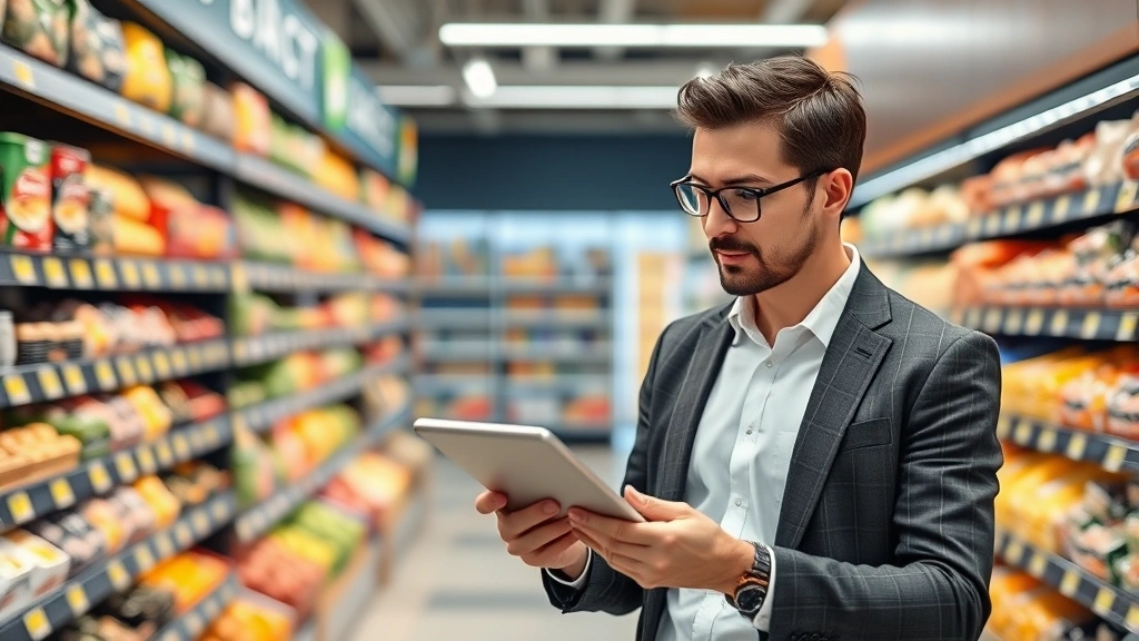 Professional retail store manager reviewing expansion market data on digital tablet, modern grocery store shelves visible in background, business casual attire, focused expression analyzing metrics