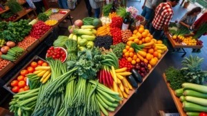 Overhead shot of farmer's market style produce display with colorful fresh vegetables and fruits arranged artfully on wooden tables, natural lighting, customers browsing in background, organic farm aesthetic