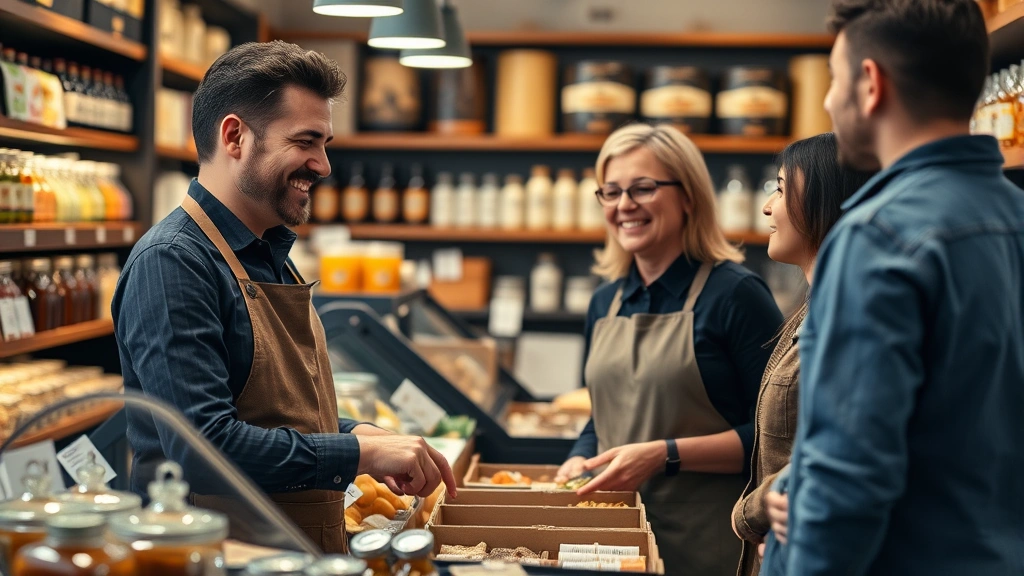 Friendly store employee in apron helping customer select items from specialty food section, warm interior lighting, shelves with artisanal products, genuine customer service interaction moment