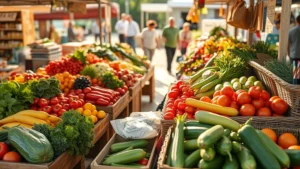 Overhead view of farmers market vendor stall displaying vibrant fresh vegetables, fruits, and produce arranged in wooden crates and baskets, morning sunlight casting shadows, customers browsing in blurred background, photorealistic, no text visible