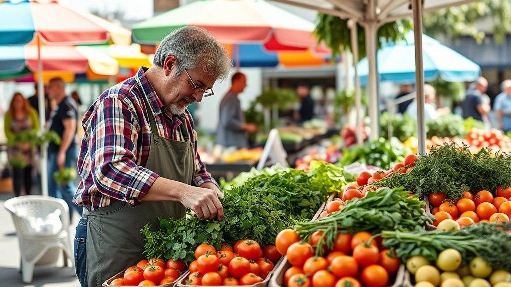 Farmers market vendor arranging fresh picked tomatoes and herbs at outdoor booth, customer examining produce, colorful market umbrellas and other vendor stalls visible, natural daylight, photorealistic, authentic market atmosphere, no signage text readable