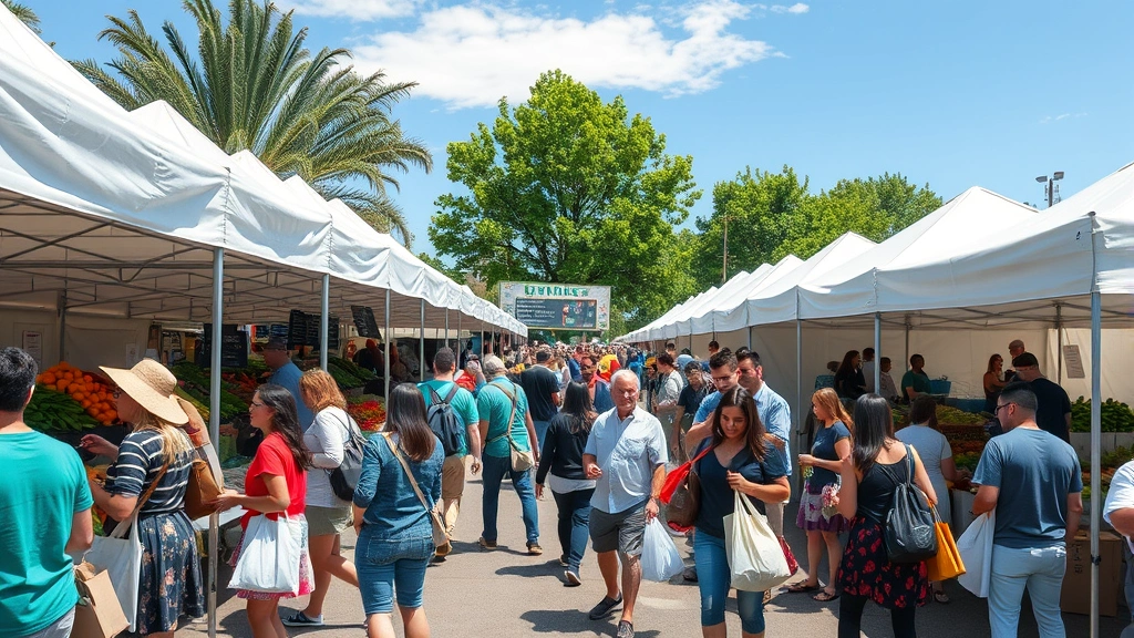 Wide angle farmers market scene with multiple vendor booths under white tents, diverse crowd of shoppers with reusable bags selecting produce, green trees and blue sky background, community gathering vibe, photorealistic, bustling weekend market activity