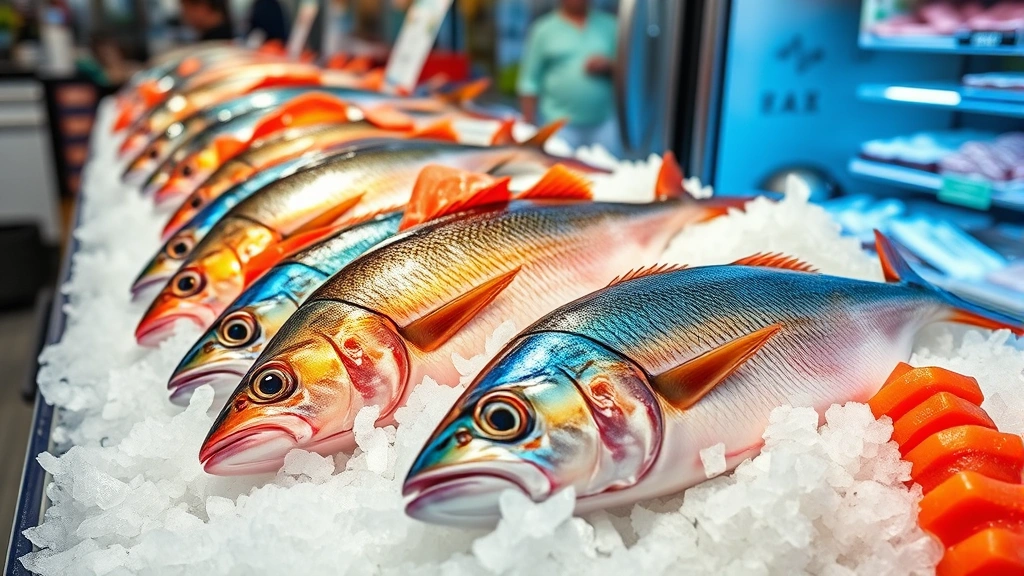 Fresh whole fish on crushed ice display in a local seafood market, vibrant colors of ahi and mahi-mahi, professional retail presentation, natural lighting highlighting product quality