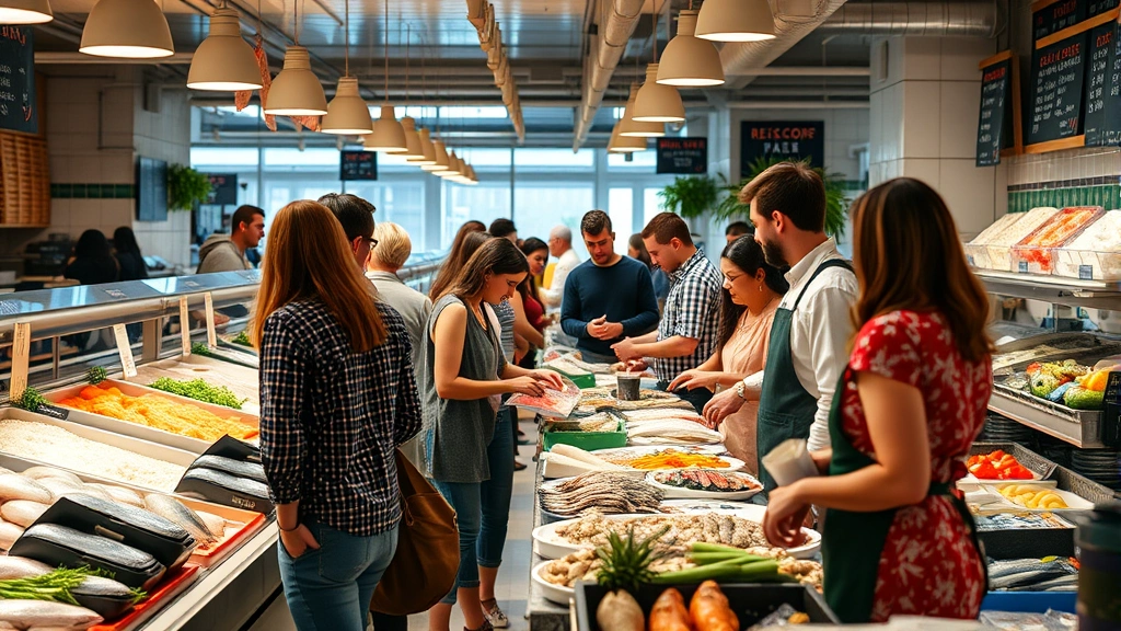 Diverse customers browsing fresh seafood selection at an upscale fish market counter, staff member in apron assisting with product knowledge, community engagement atmosphere, warm professional environment