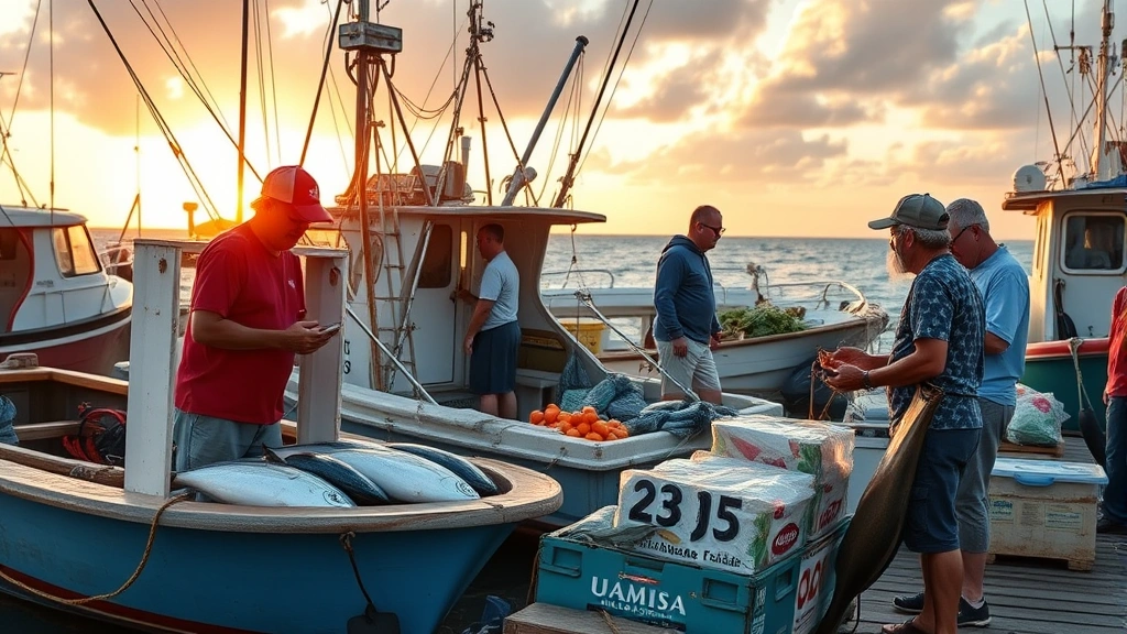 Local fishermen unloading fresh catch at a dock with market staff receiving products, sunrise lighting, sustainable fishing practices demonstration, authentic Hawaiian maritime commerce scene