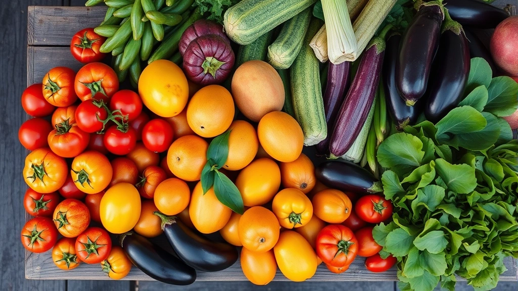 Overhead view of colorful tropical produce arranged on wooden farmers market vendor table including red tomatoes golden mangoes purple eggplants and fresh leafy greens with morning sunlight