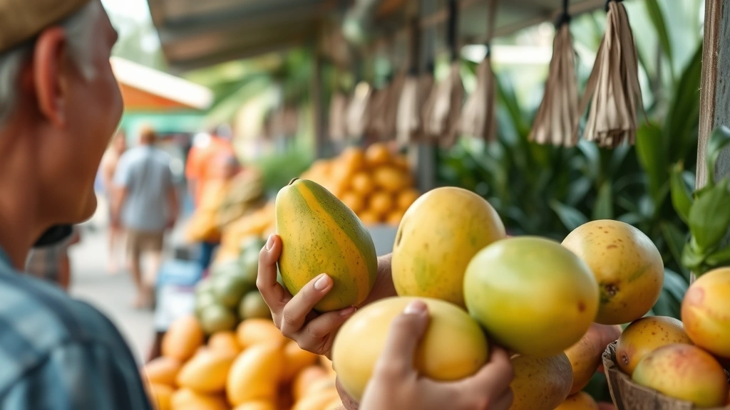 Close-up of farmer vendor holding fresh papaya and mangoes smiling at customer at outdoor market stall with blurred background of other vendors and tropical vegetation