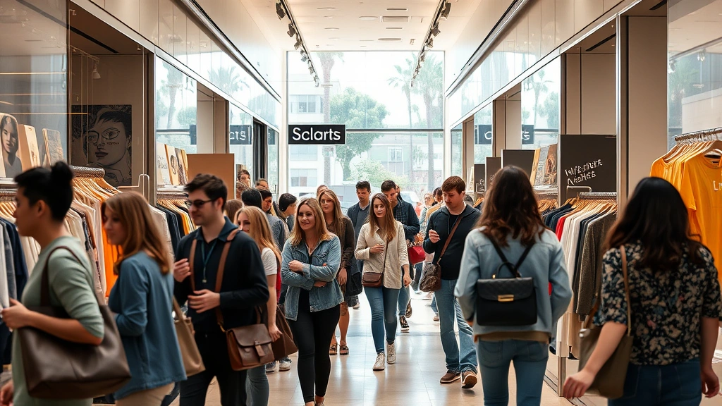Diverse group of shoppers in modern Los Angeles retail environment, browsing merchandise displays, natural lighting through storefront windows, contemporary urban setting with mixed demographics