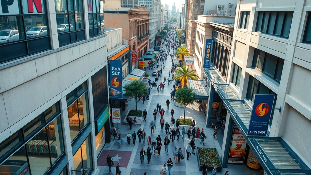 Overhead view of busy commercial district in Los Angeles showing pedestrians, retail storefronts, street-level activity, urban density representing consumer foot traffic patterns