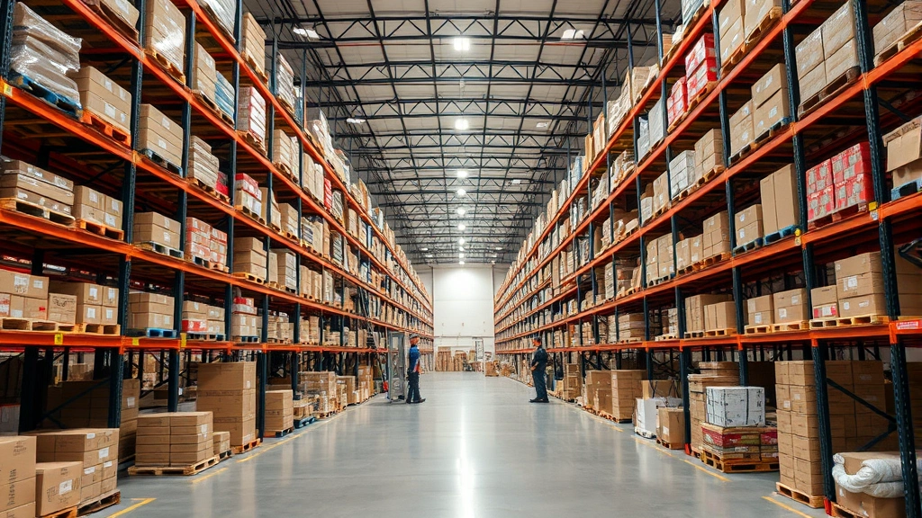 Logistics warehouse interior with organized inventory, fulfillment operations, modern distribution center equipment, workers managing stock representing e-commerce infrastructure supporting LA market